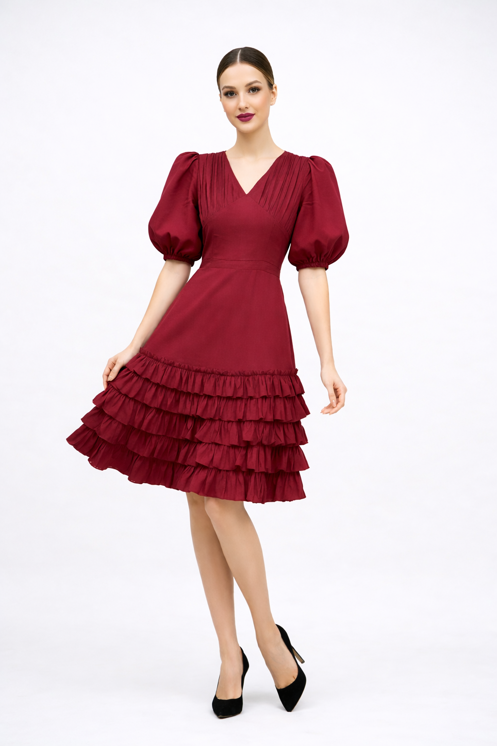 Maroon Frill Flared Dress